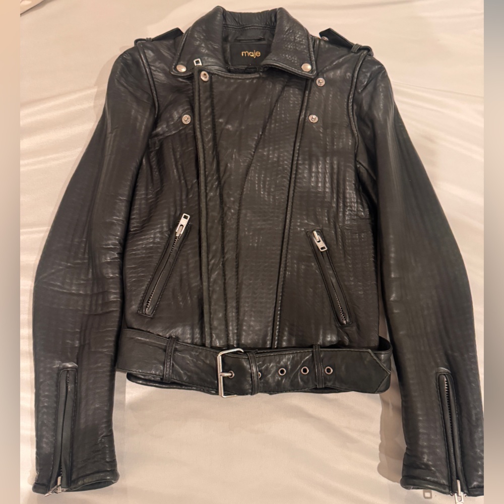 Maje Lambskin Leather Lined Biker Jacket